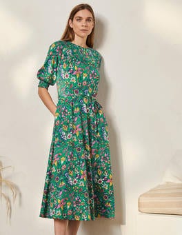 Smocked Neck Jersey Midi Dress - Highland Green Floral | Boden US