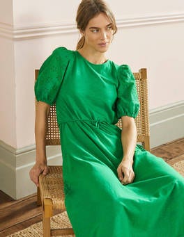 Broderie Mix Jersey Midi Dress - Highland Green | Boden US
