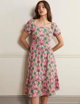 Square Neck Tiered Dress - Posy Pink, Oriental Palm | Boden UK