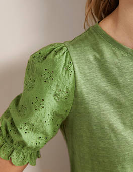 Broderie Sleeve Linen T-Shirt - English Ivy | Boden UK