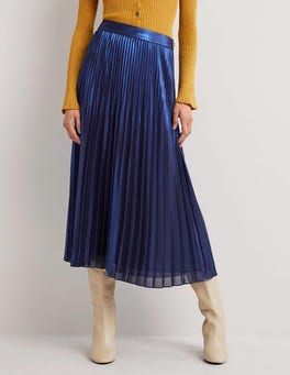 Pleated Crepe Midi Skirt - Metallic, Navy | Boden US