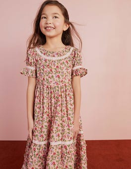 Printed Lace Trim Party Dress - Rambling Rose Pink | Boden UK