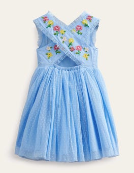 Embroidered Cross-Back Dress - Whisper Blue | Boden US