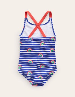 Cross-back Printed Swimsuit - Sapphire Blue Breton Rainbows | Boden US