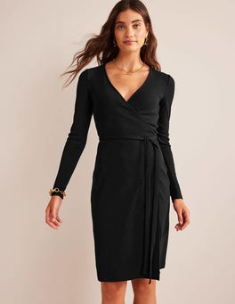 Ribbed-Jersey Wrap Dress - Black | Boden US