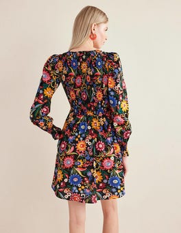 Smocked Bodice Mini Dress - Black, Gardenia Pop | Boden US