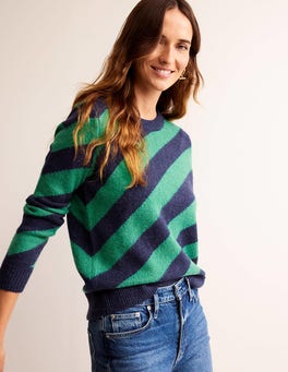 Fluffy Diagonal Stripe Sweater - Navy and Green Stripe | Boden US