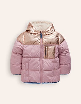 Reversible Padded Borg Coat Blue Red Ditsy Hearts Boden US