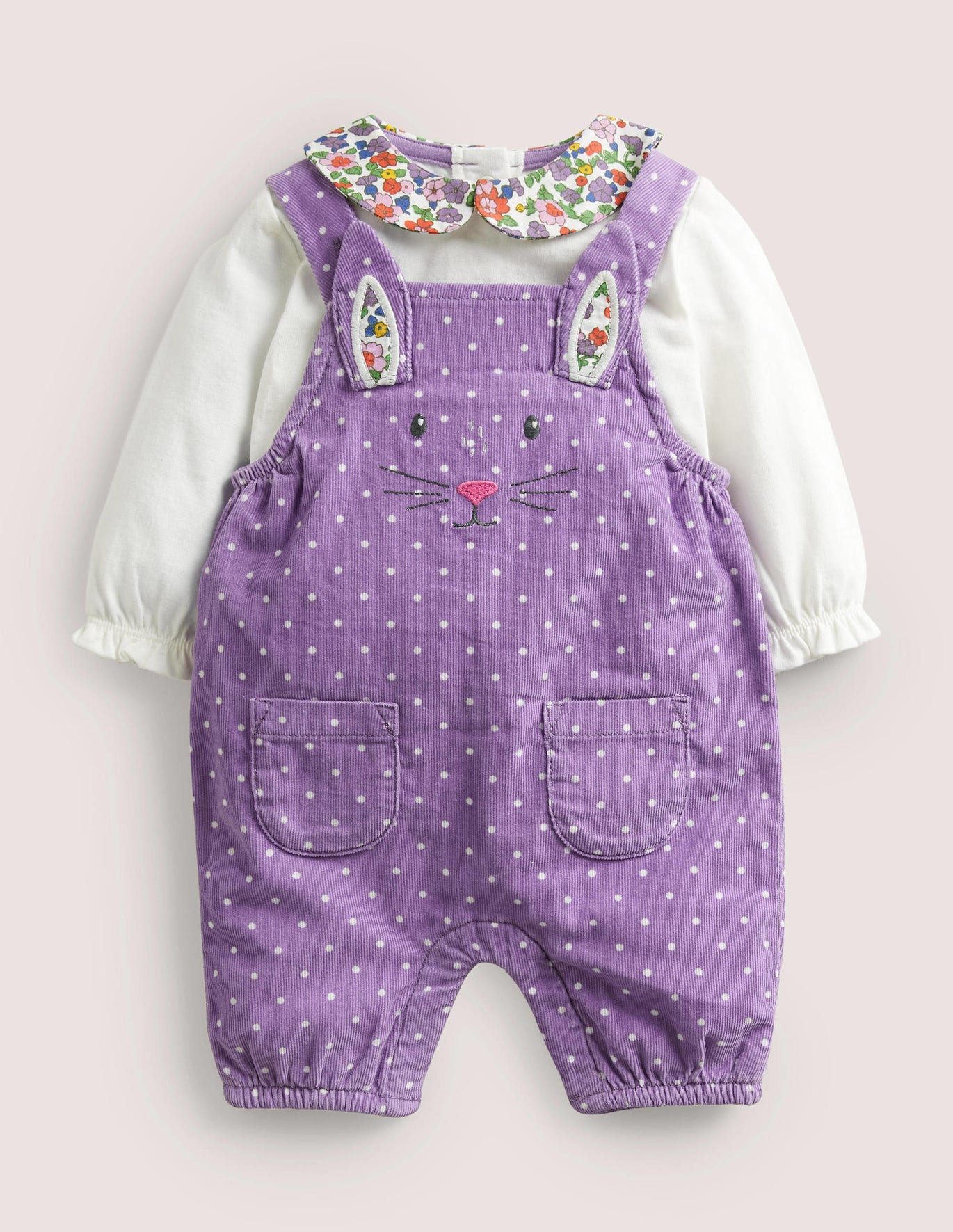 Boden Cord Dungaree Set - Aster Purple Pin Spot Bunny