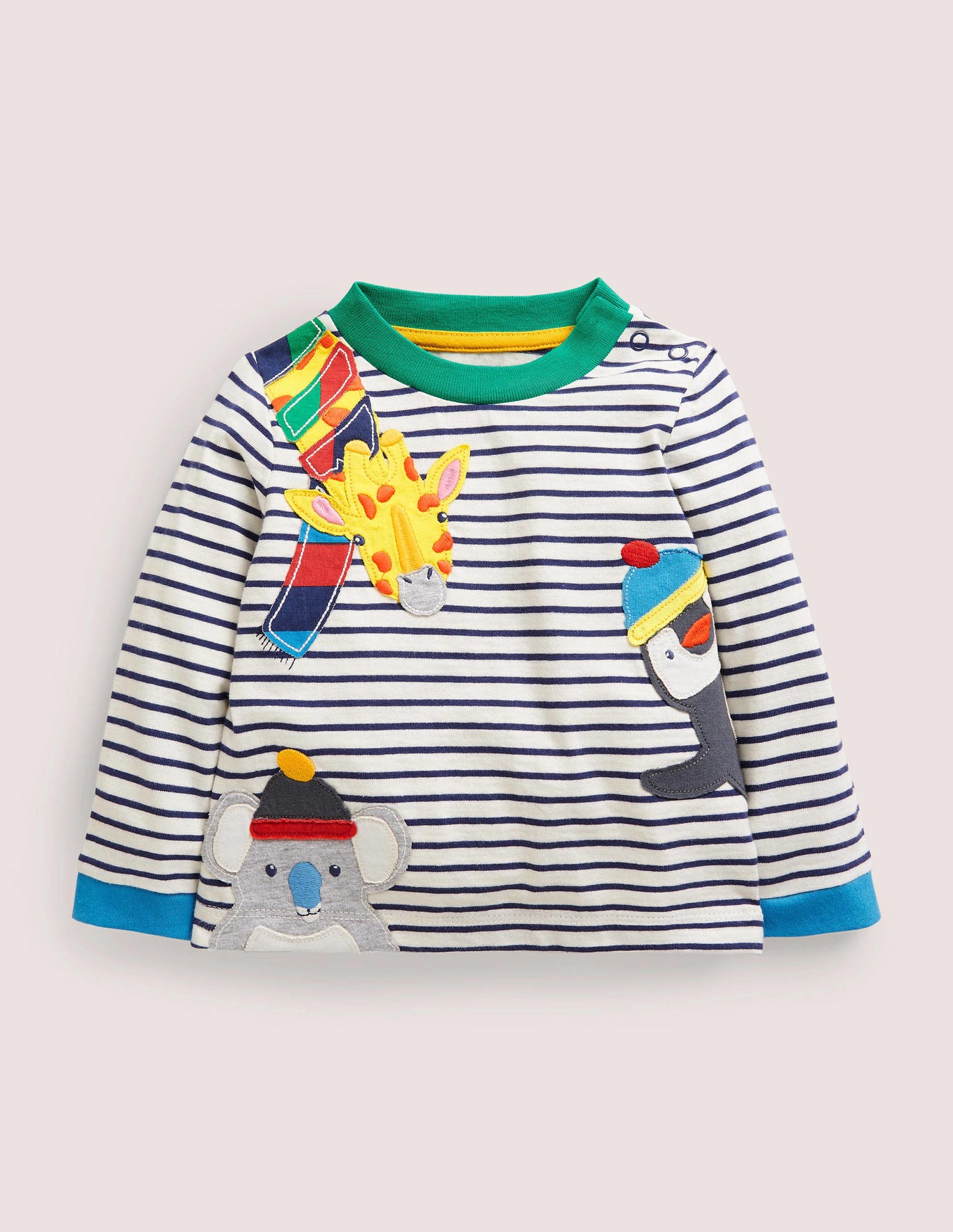 Boden Long-sleeved Applique T-shirt - Ivory/Navy Global Animals