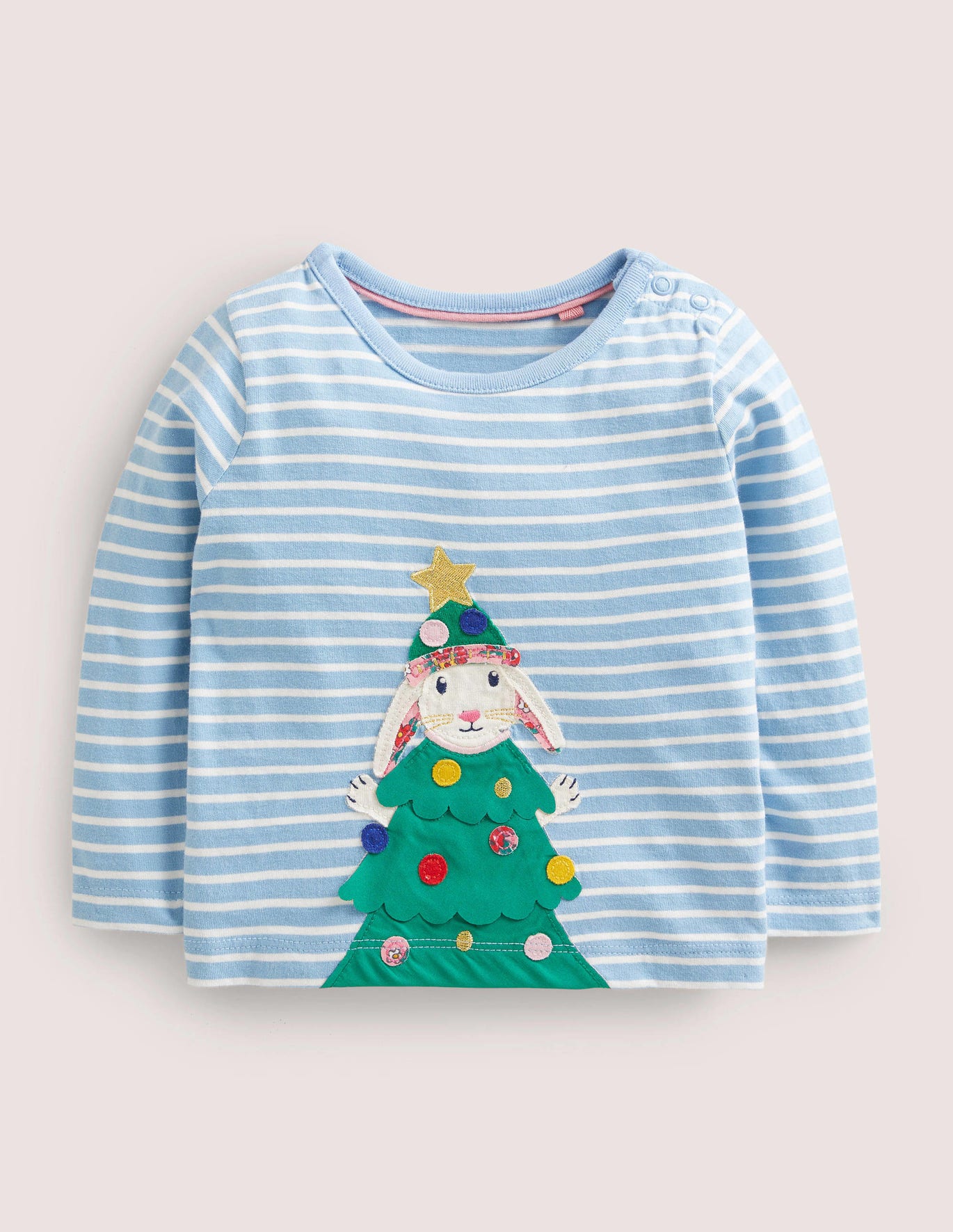 Boden Applique Christmas T-shirt - Dusty Blue/Ivory Bunny