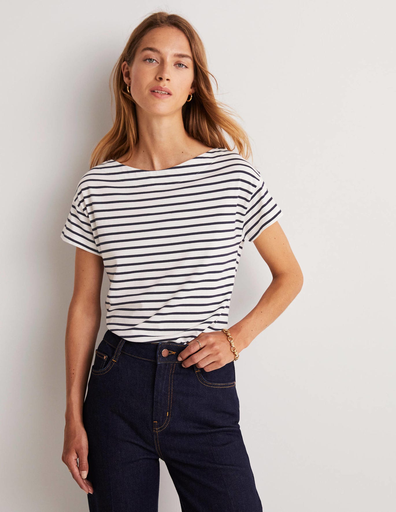 Boden Supersoft Boat Neck T-Shirt - Ivory / Navy Stripe