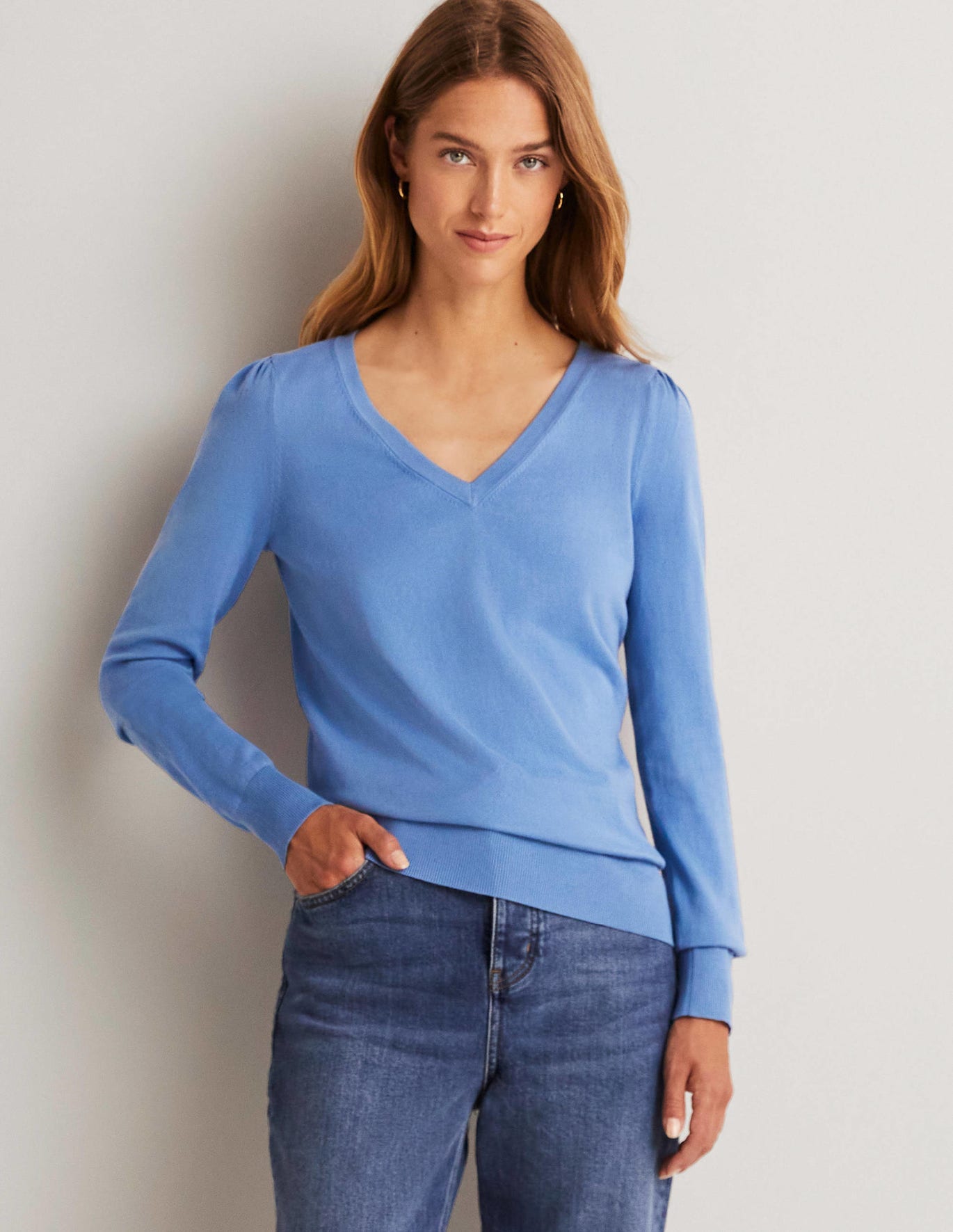 Boden Cotton V-Neck Sweater - Riviera Blue