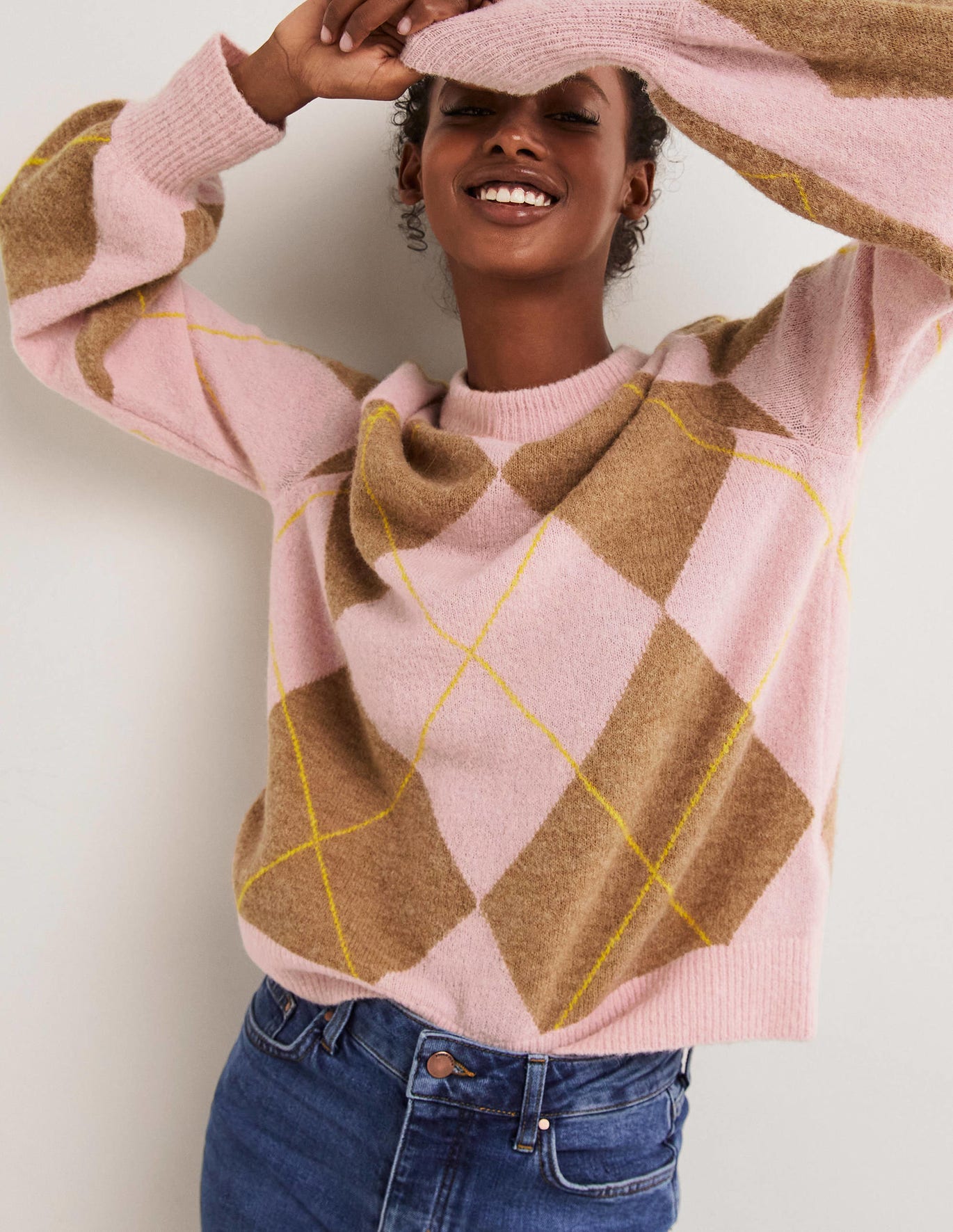 Boden Raglan Sleeve Fluffy Sweater - Camel, Boto Pink Argyle