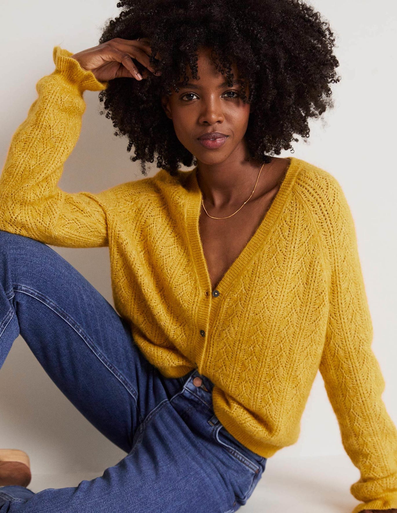 Boden Fluffy Pointelle Cardigan - Honeycomb Yellow