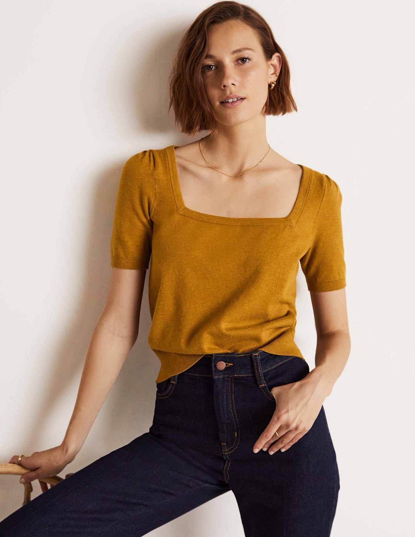 Boden Cotton Square Neck Knitted Top - Butterscotch Brown Melange