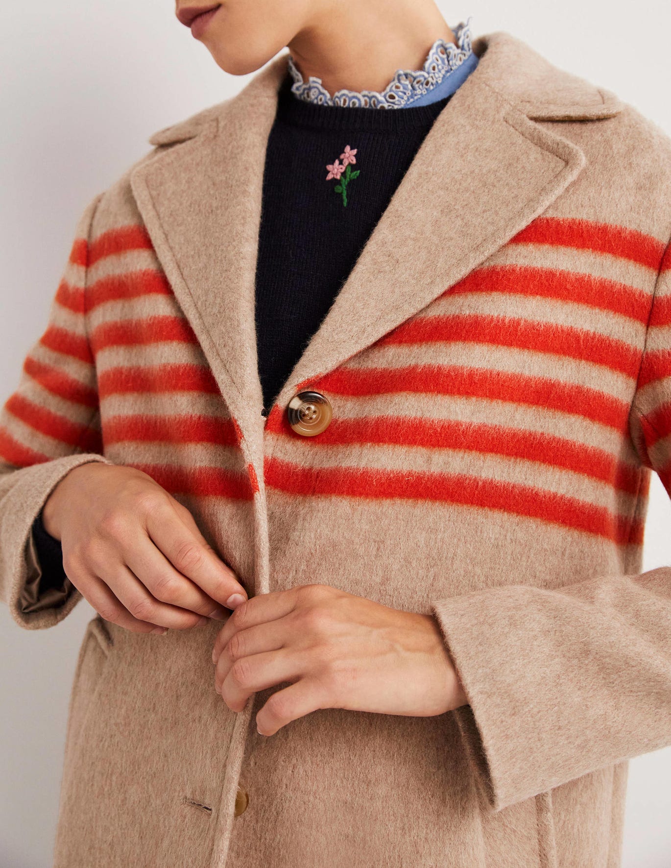 Boden Italian Wool Stripe Coat - Camel, Bright Papaya Stripe