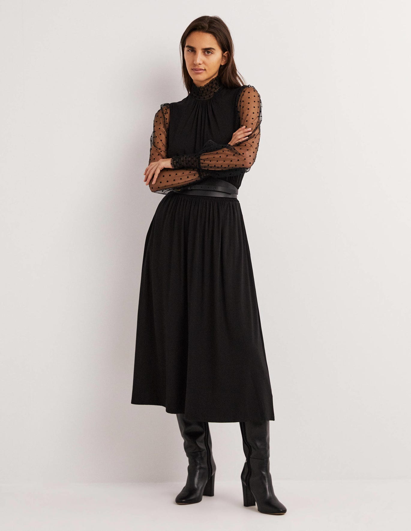Black Tulle Sleeve Midi Party Dress