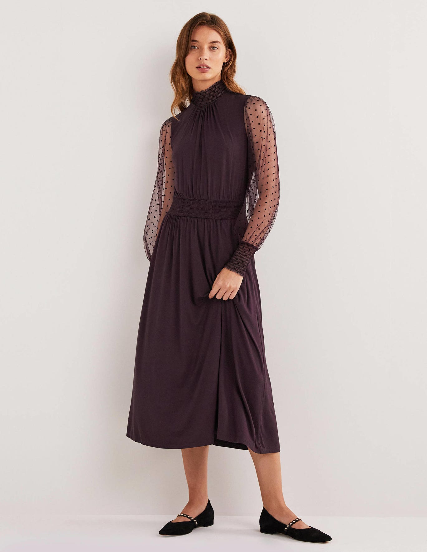 Boden Plum Tulle Sleeve Midi Party Dress - Fig