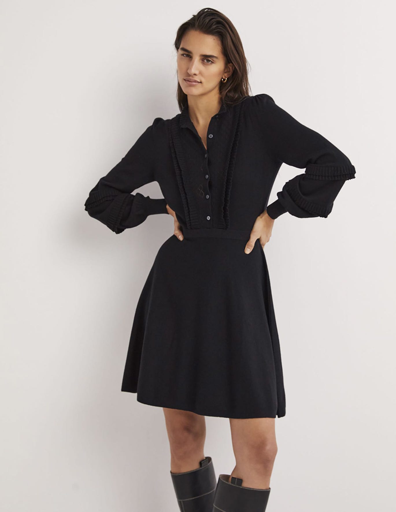 Frill Knitted Mini Dress - Black | Boden UK