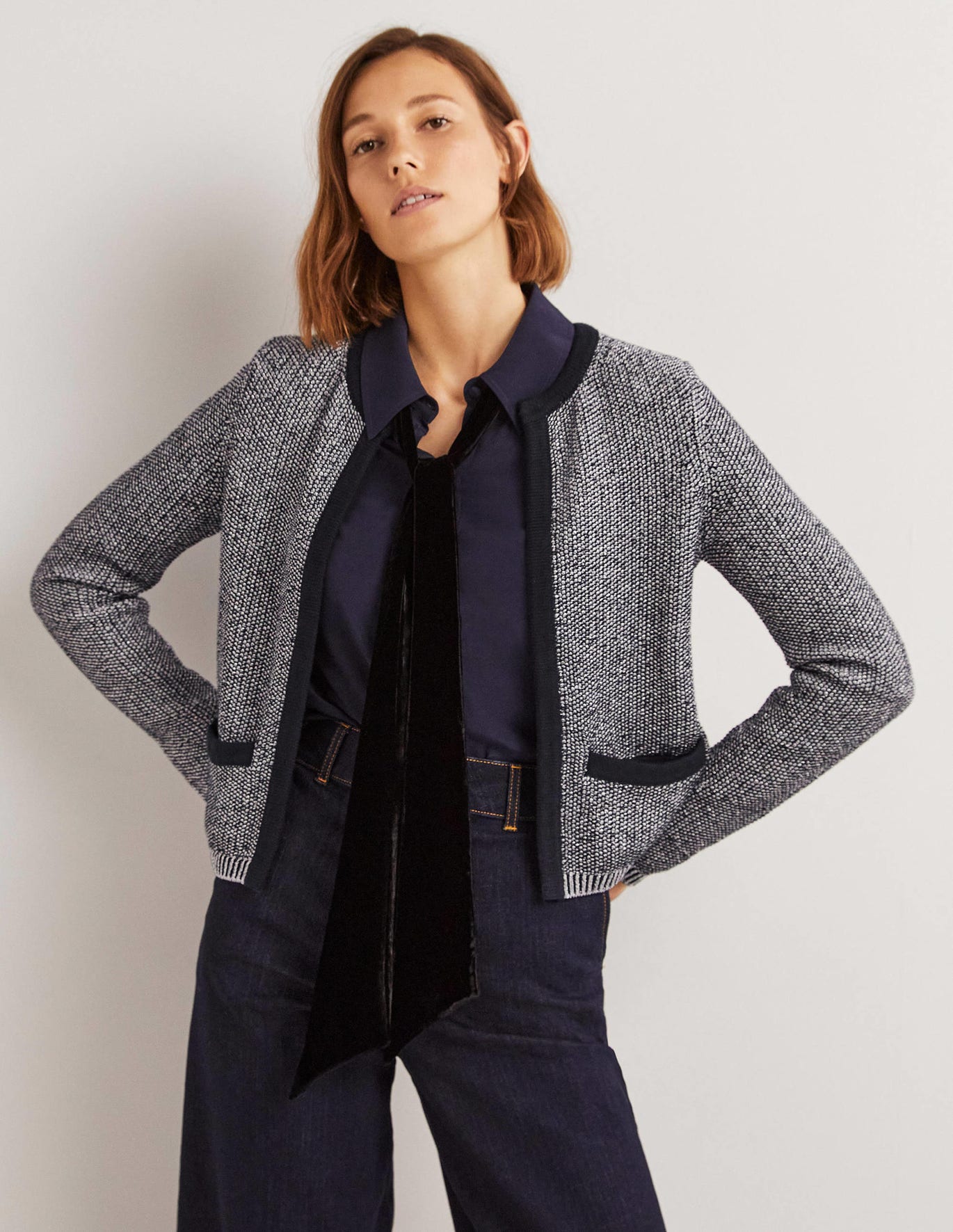 Stripe Trim Metallic Cardigan - Navy 