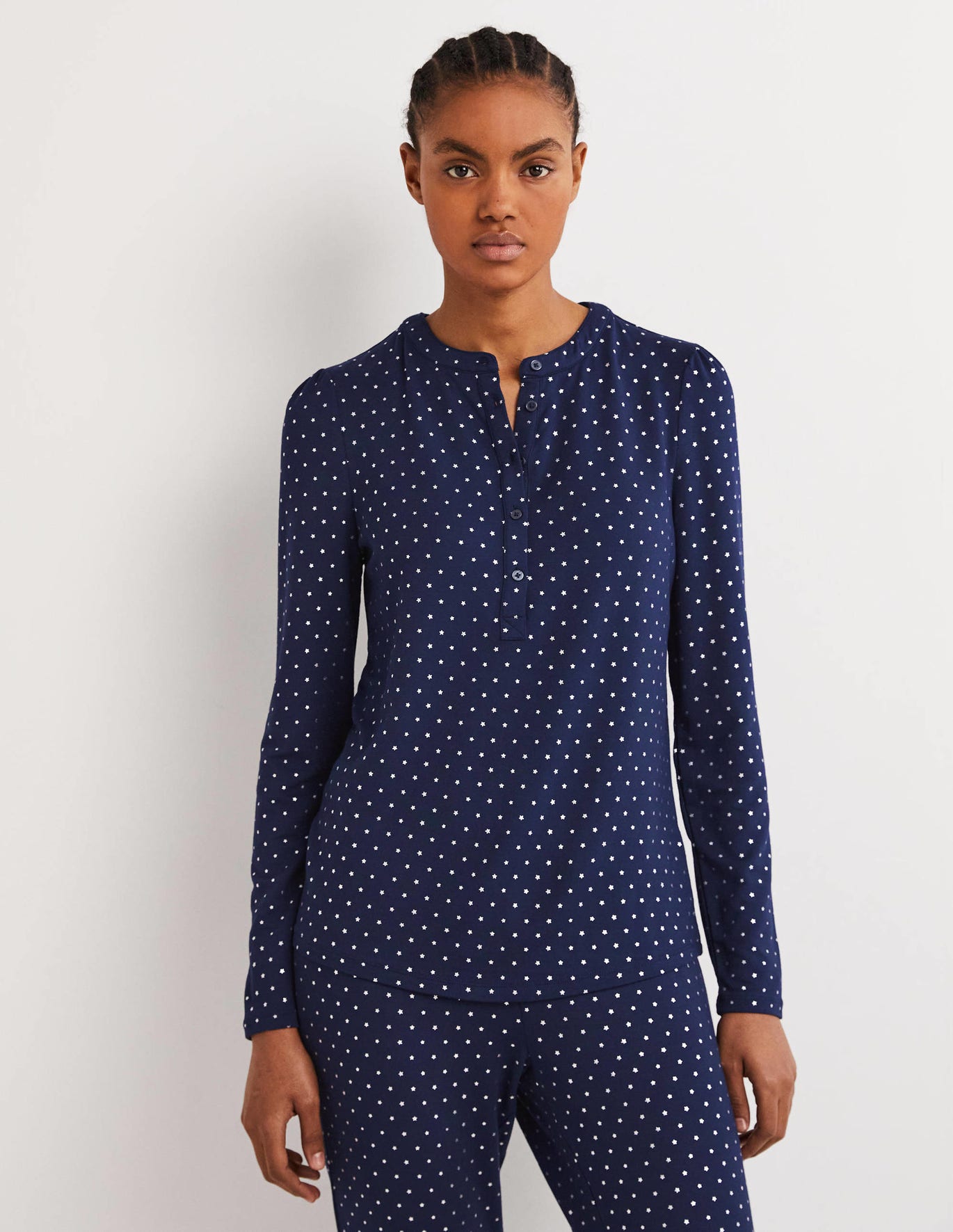 Boden Jersey Puff Sleeve Henley - French Navy, Silver Star
