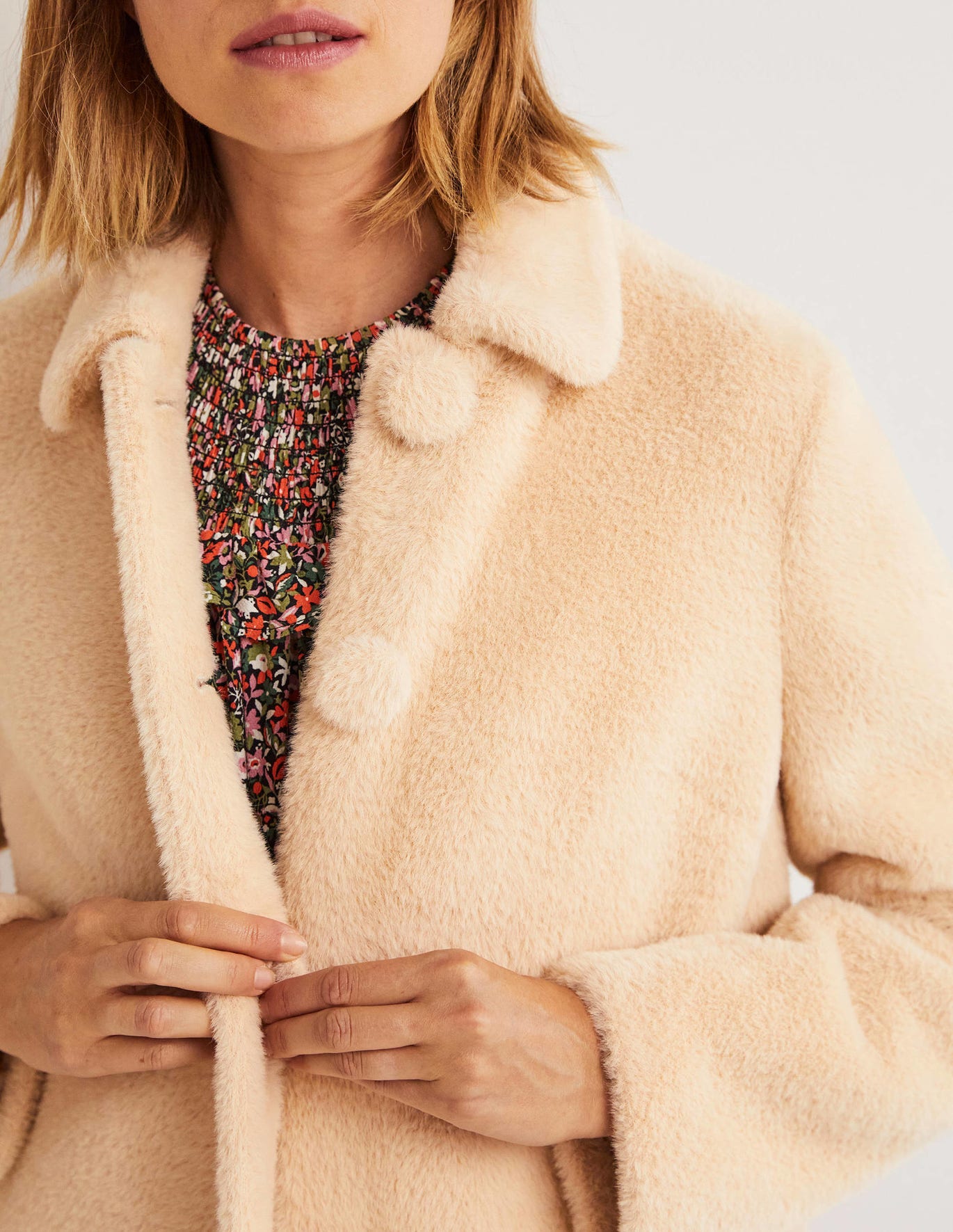 Boden Faux Fur Collared Coat - Natural