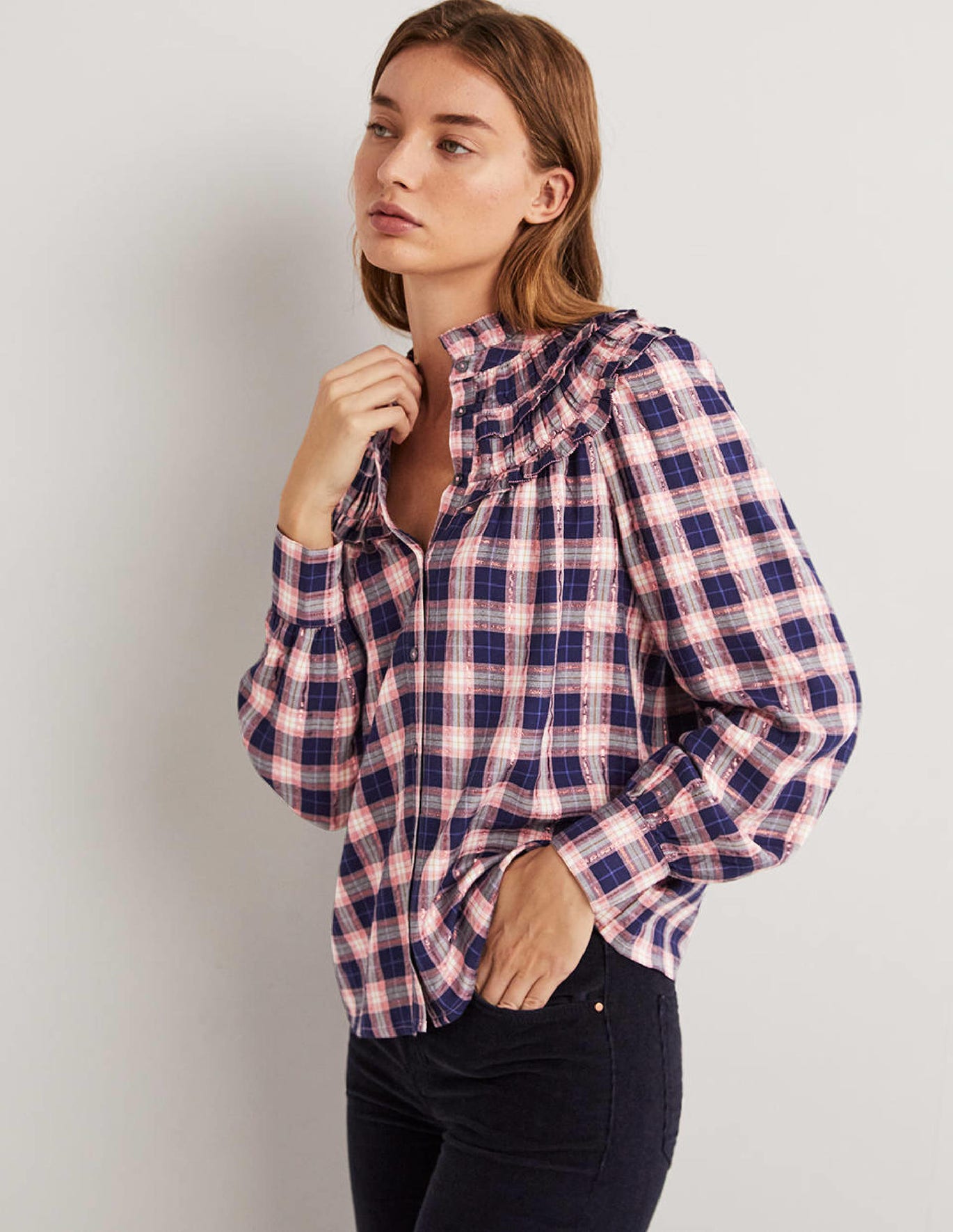Frilled High Neck Shirt - Navy, Copper 