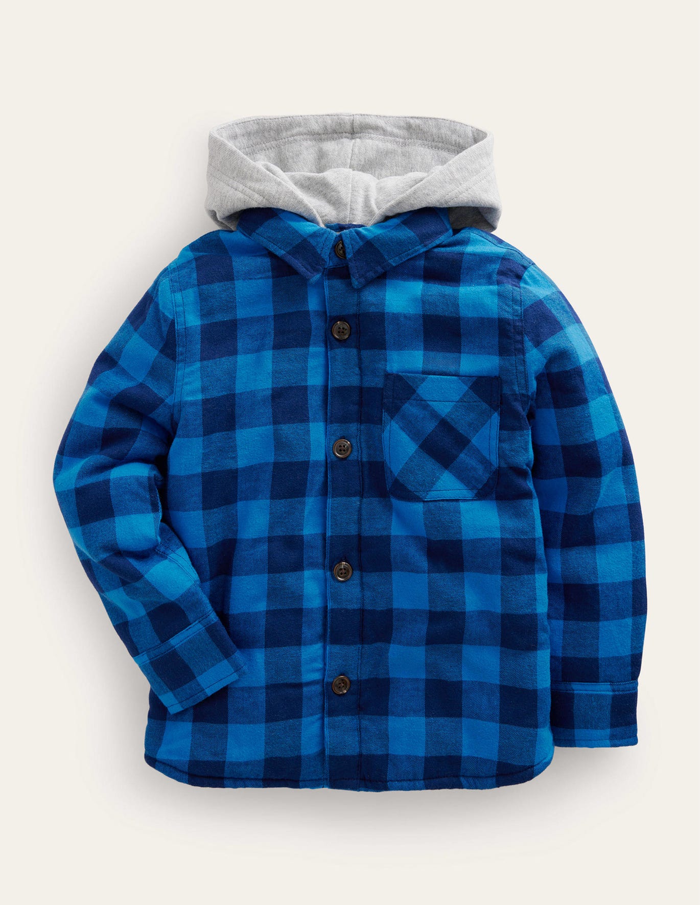Boden Hooded Borg Lined Shirt - Navy / Blue Gingham