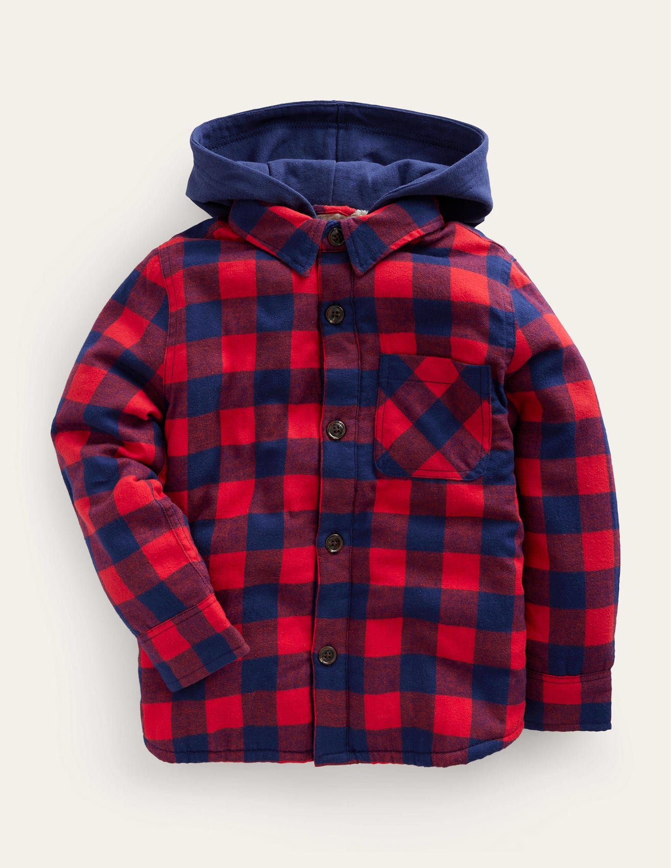 Boden Hooded Borg Lined Shirt - Red / Blue Gingham