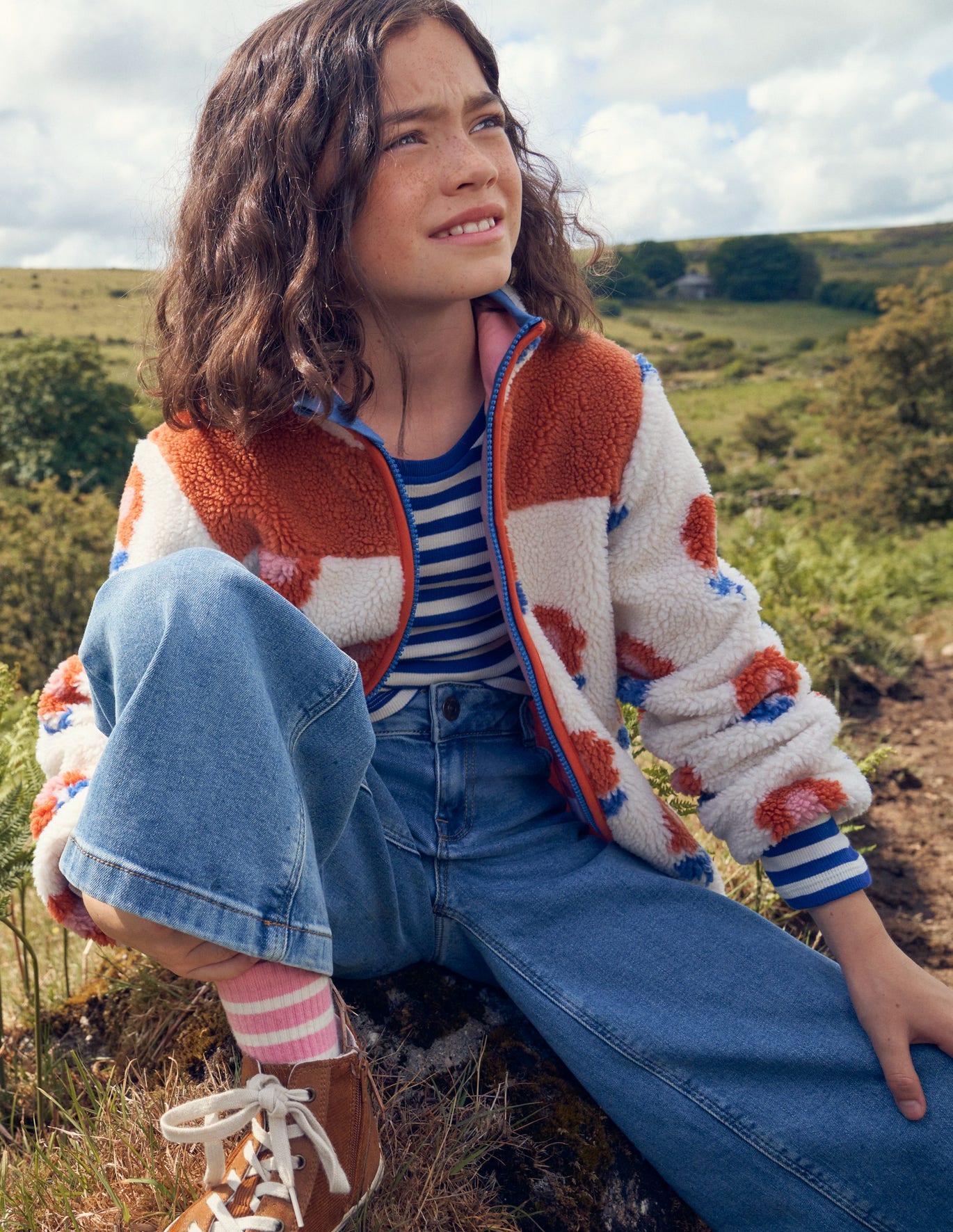 Boden Cropped Long Sleeve T-shirt - Blue Wave/Ivory