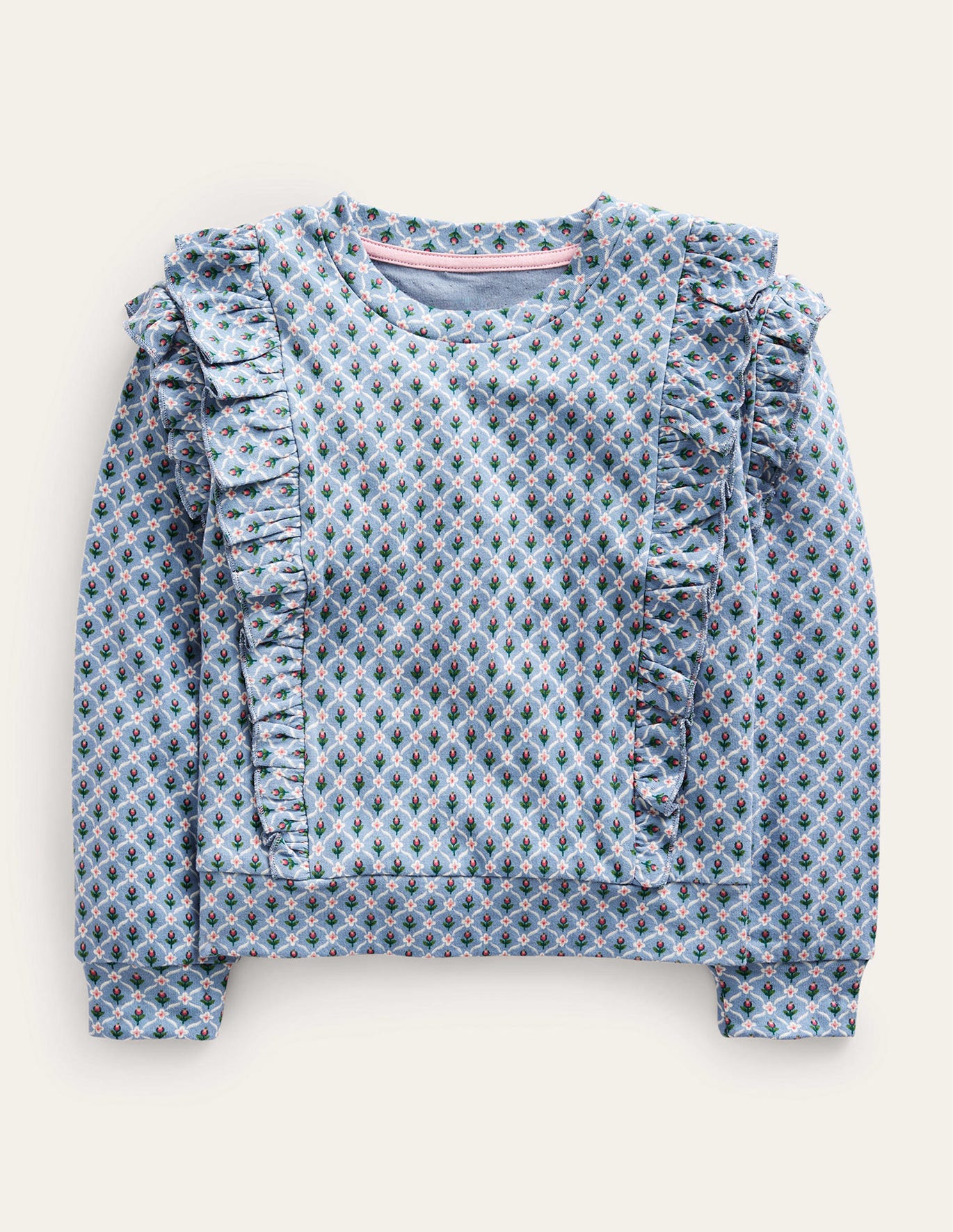 Boden Frill Printed Sweatshirt - Pebble Blue Flower