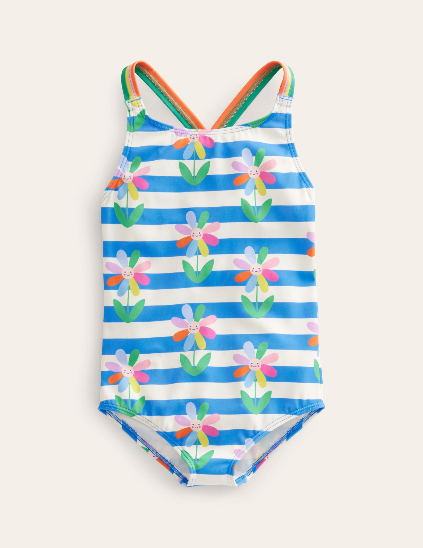 Boden Cross-back Printed Swimsuit - Cabana Blue Daisy Stripe