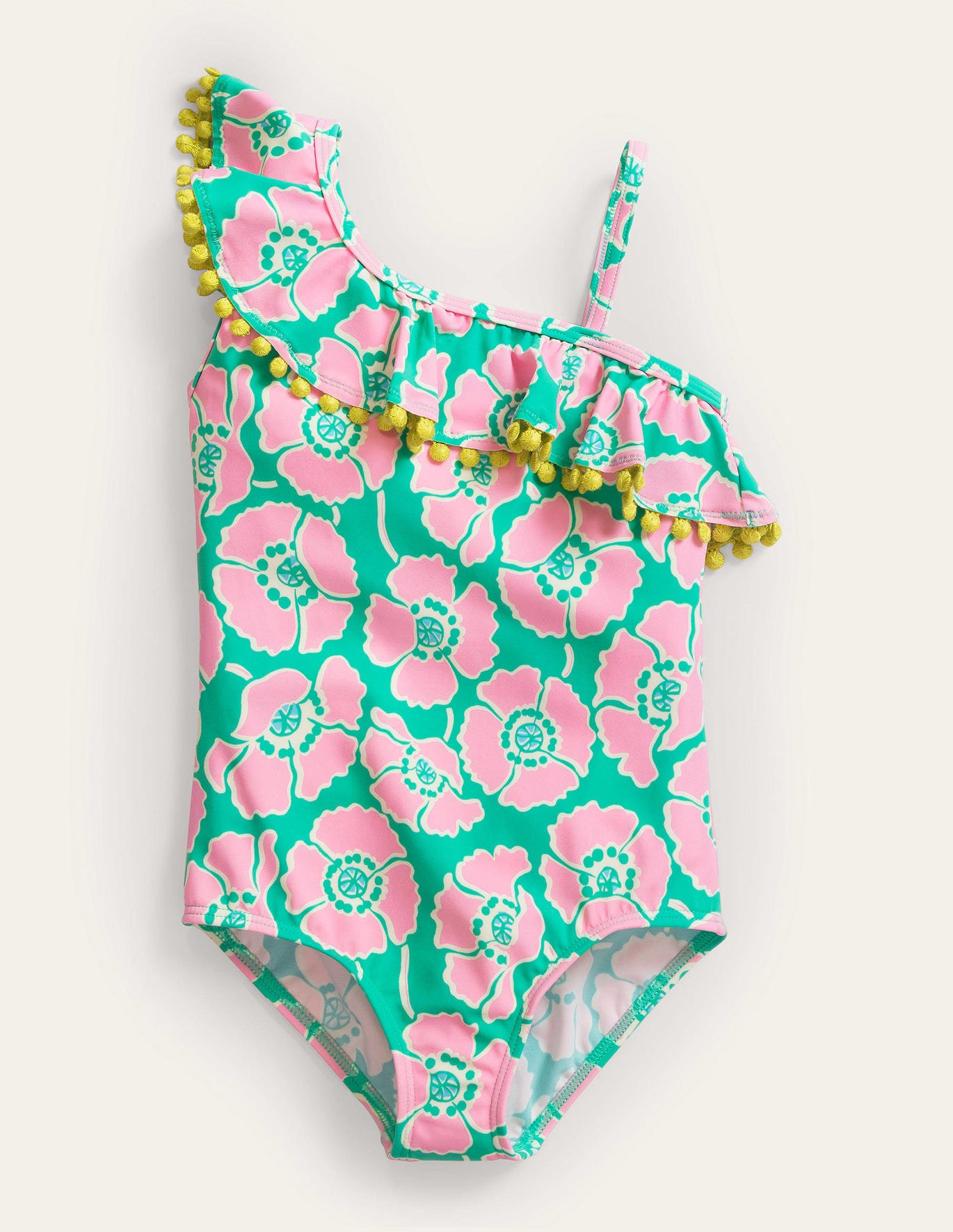 Boden Frilly One Shoulder Swimsuit - Lilac/Green Poppies