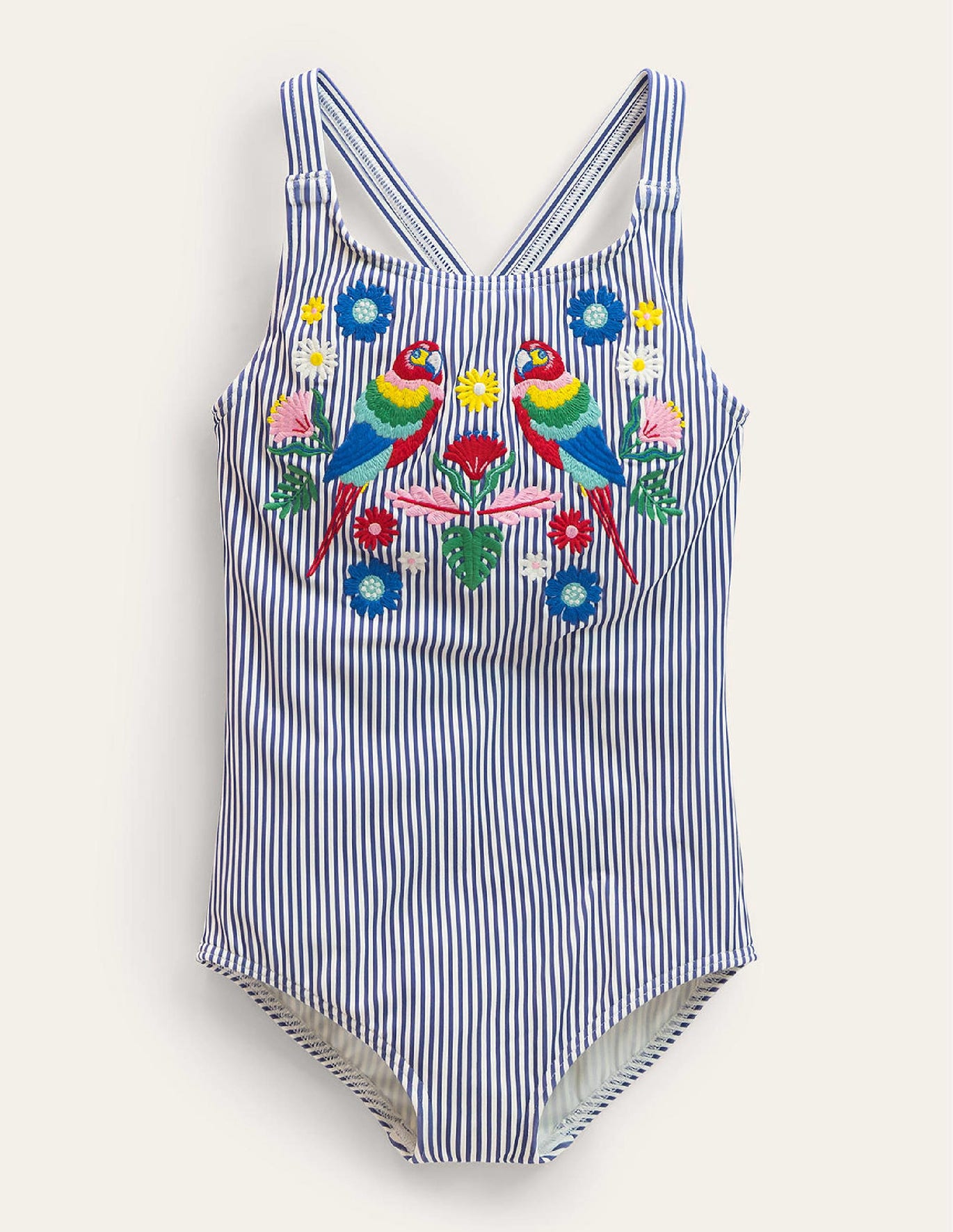 Boden Embroidered Swimsuit - Starboard Ivory stripe, Parrot