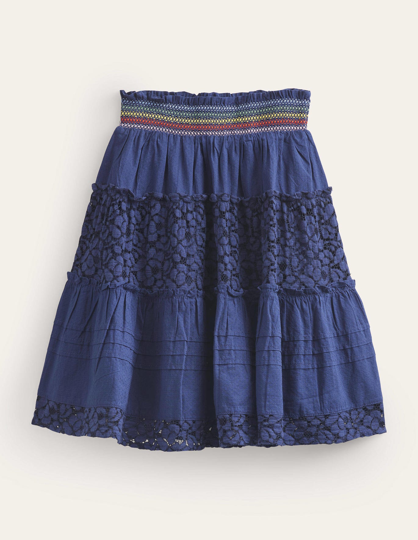 Boden Smocked Tiered Midi Skirt - College Navy