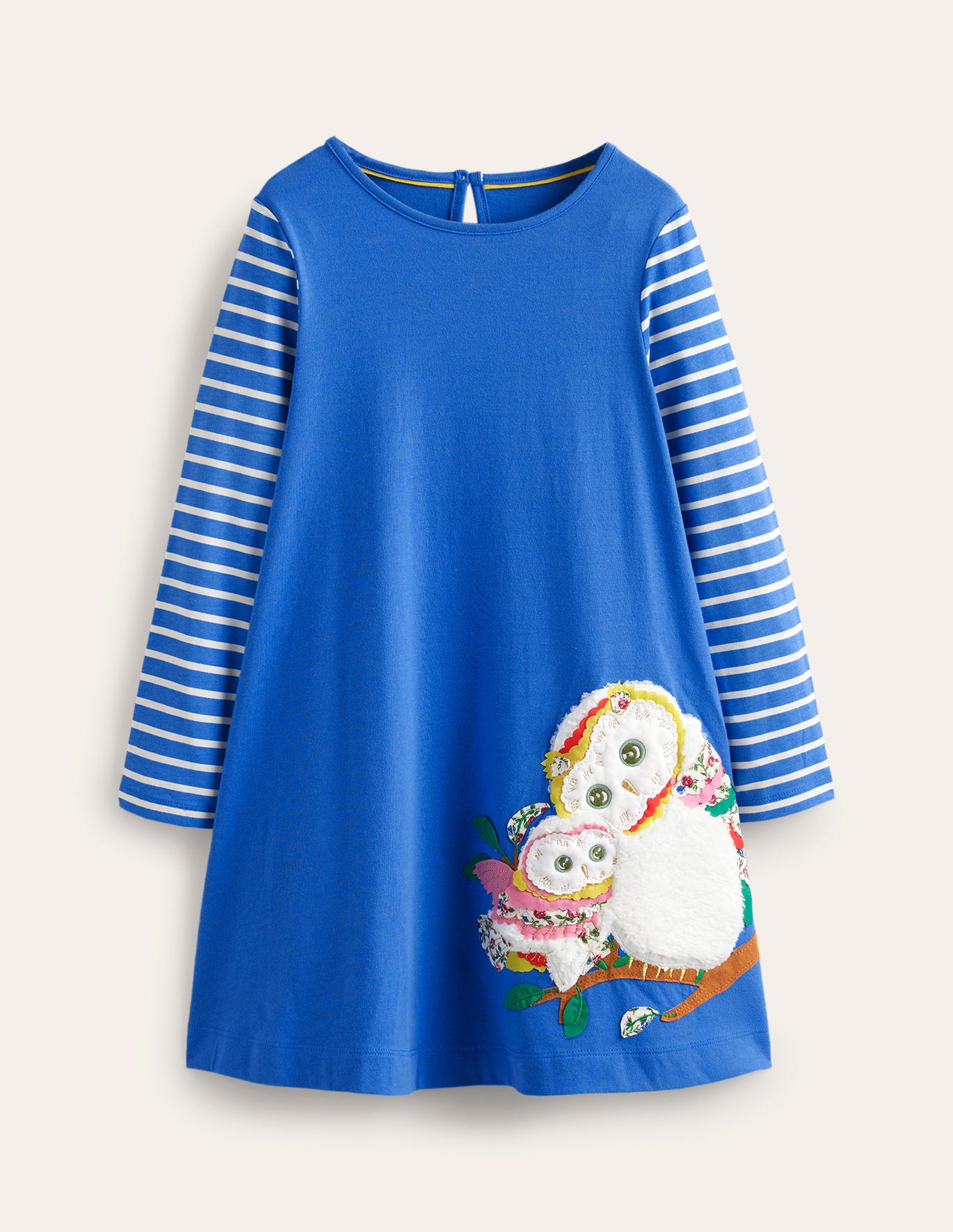 Boden Big Applique Dress - Delft Blue Owls