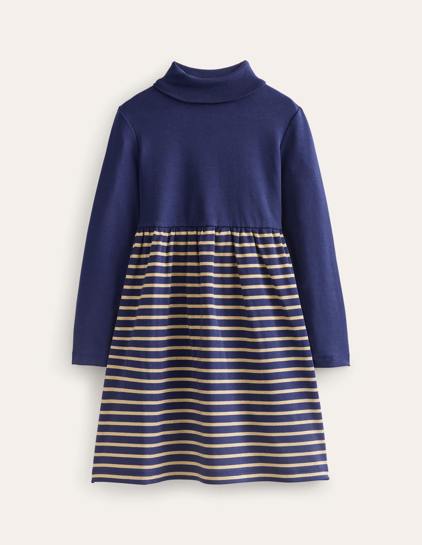 Boden Roll Neck Jersey Dress - College Navy/Metallic Stripe