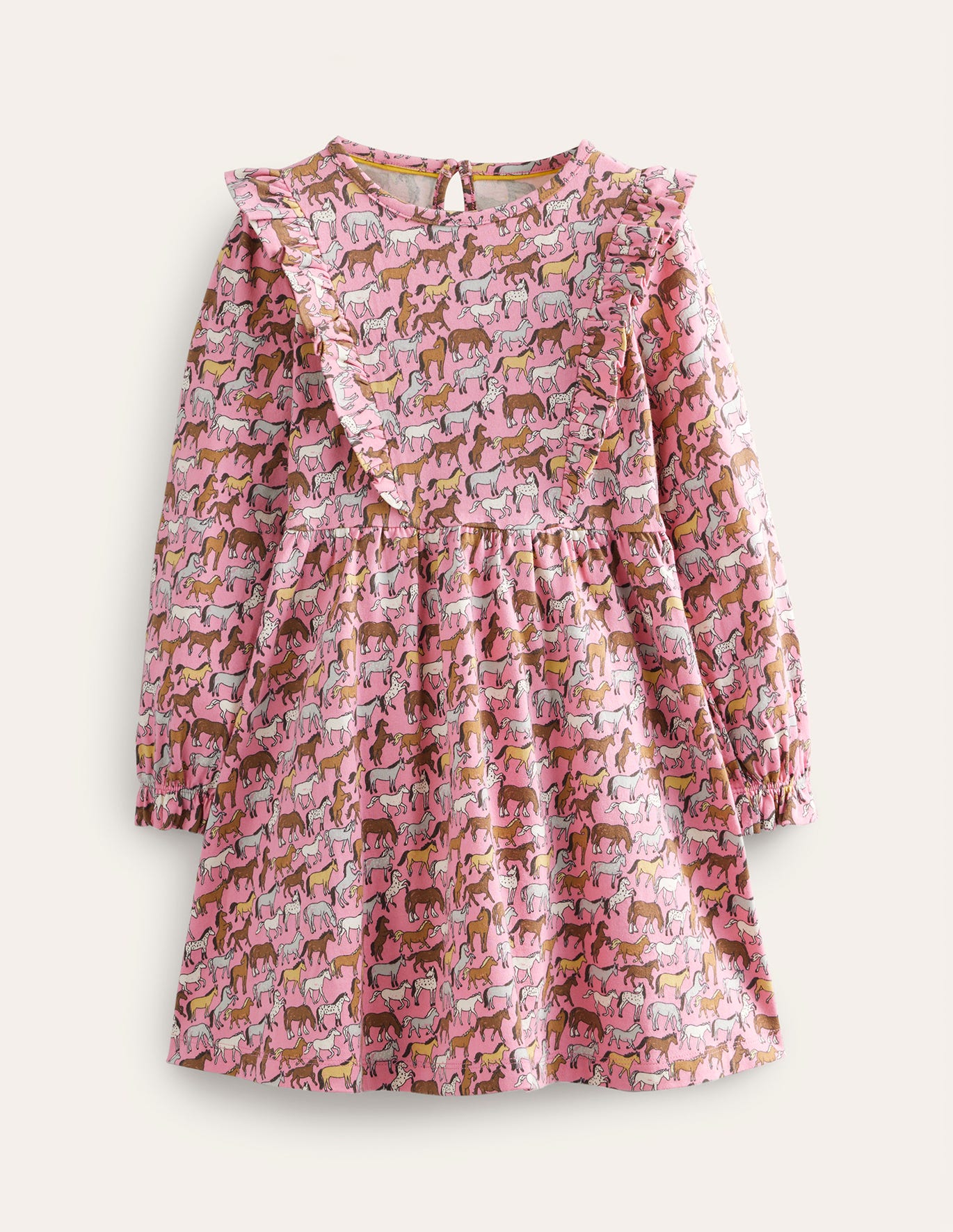 Boden Long Sleeve Ruffle Dress - Formica Pink Horses