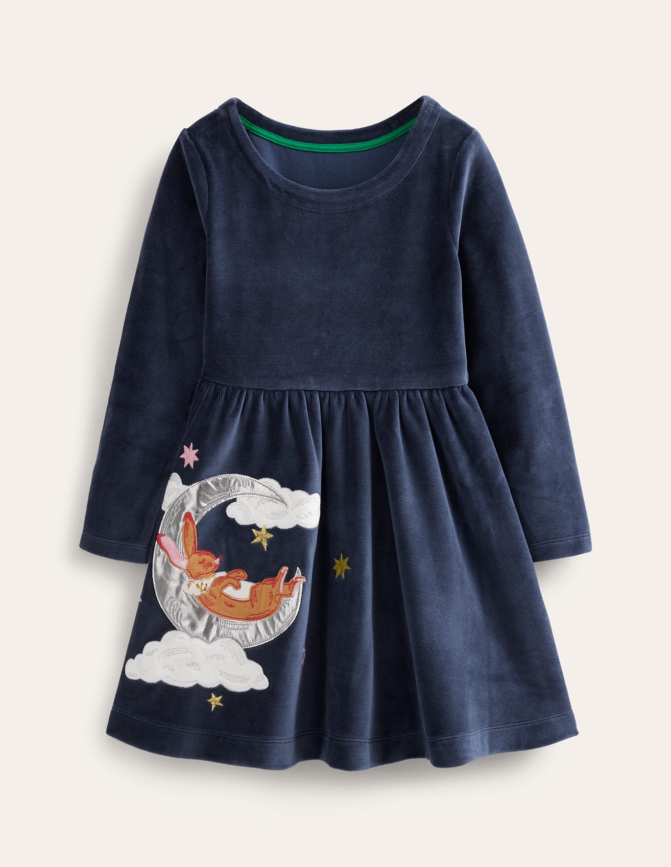 Boden Twirly Velour Applique Dress - French Navy Bunny
