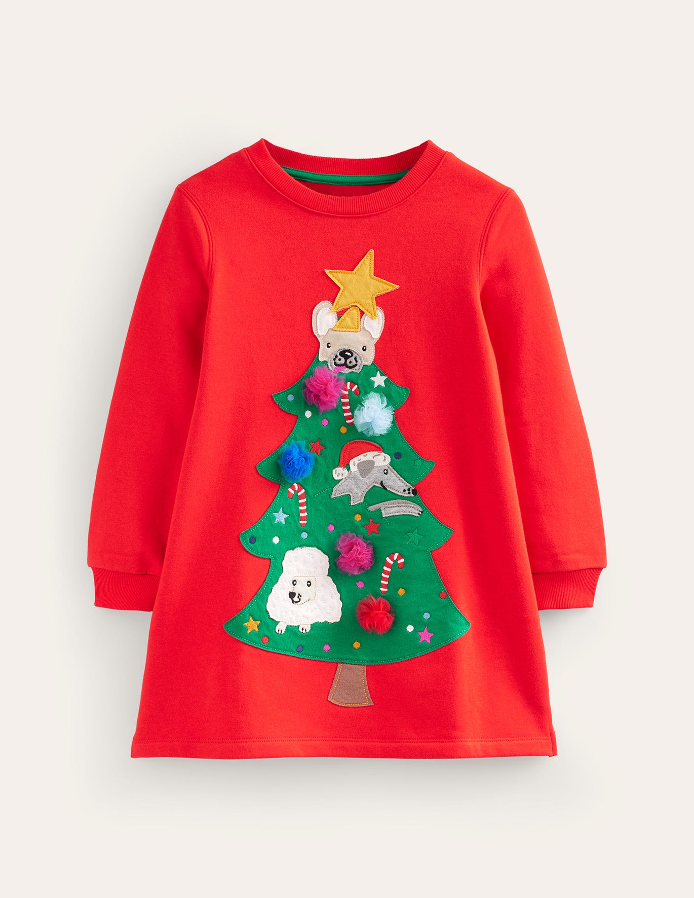 Boden Cosy Applique Sweatshirt Dress - Brilliant Red Christmas Tree