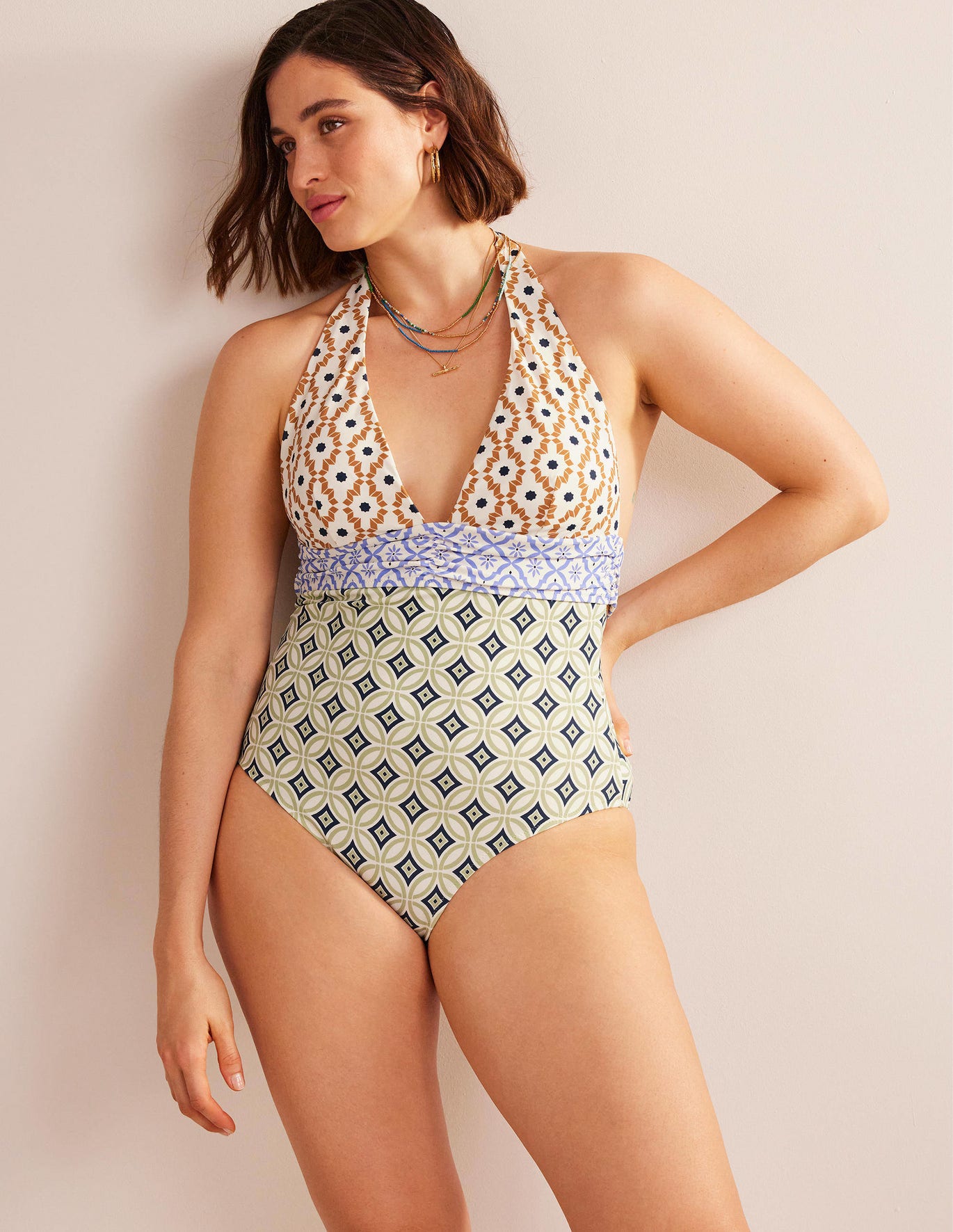 Boden Bow Detail Halter Swimsuit - Multi, Geo Trance
