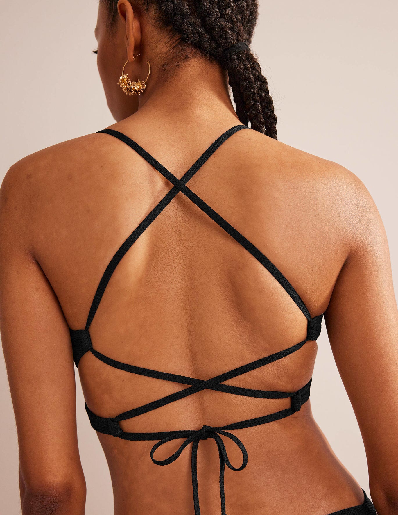 Boden V-neck Cross Back Bikini Top - Black, Honeycomb Texture