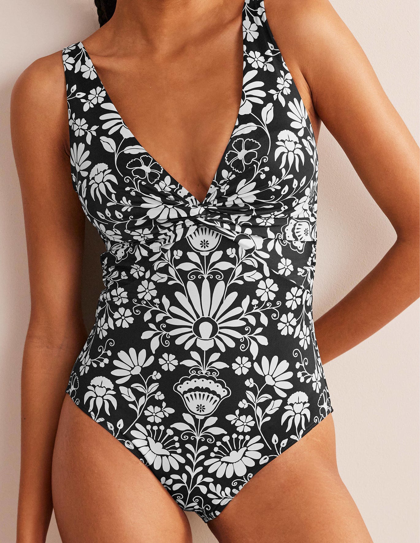 Boden Twist Front Classic Swimsuit - Nero, Gardenia Sprig