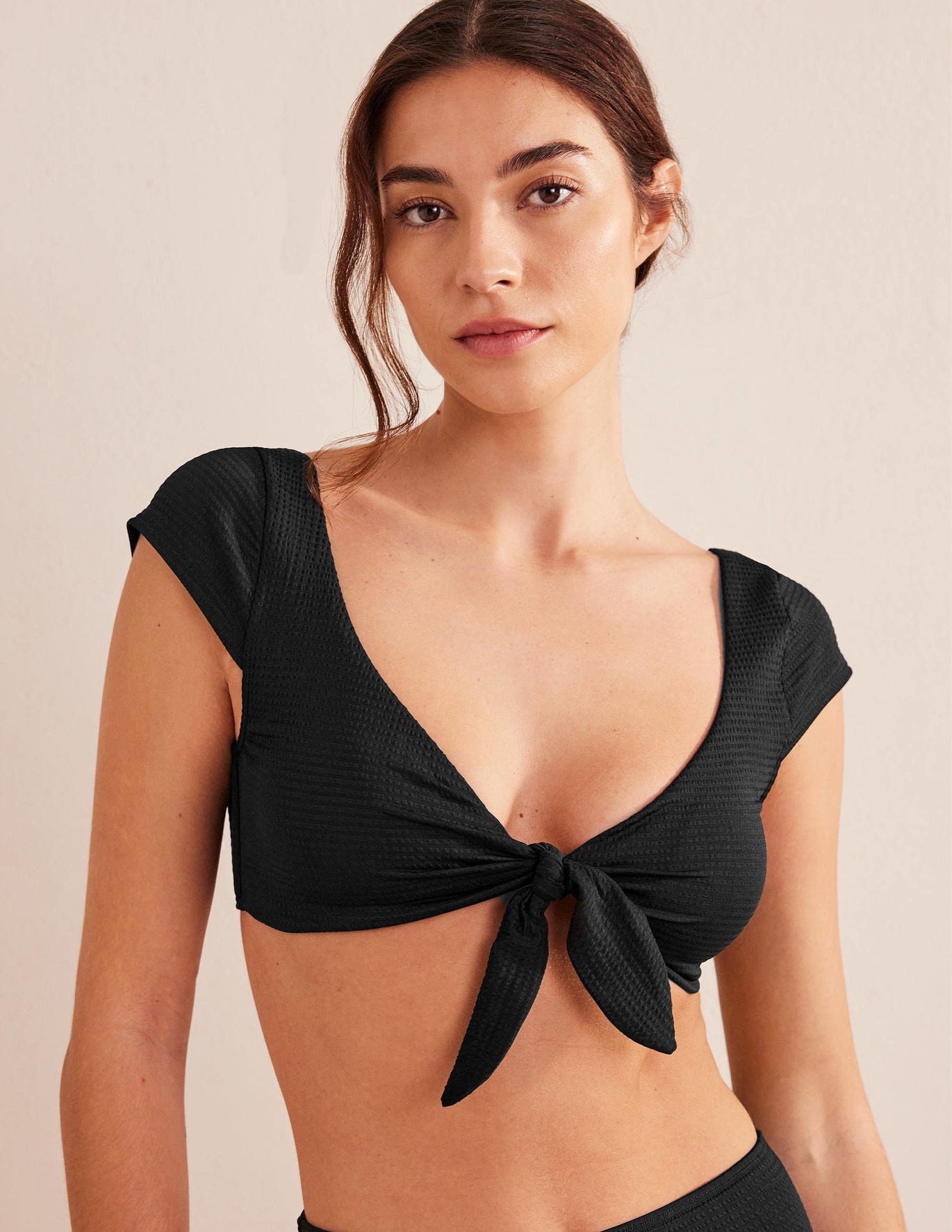 Boden Cap Sleeve Tie Bikini Top - Black Seersucker Texture