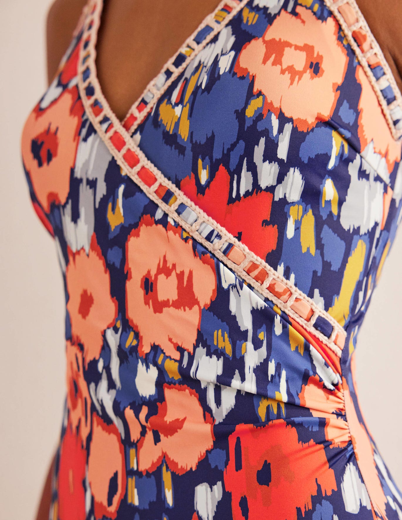Boden Crochet Trim Wrap Swimsuit - Navy, Abstract Poppy