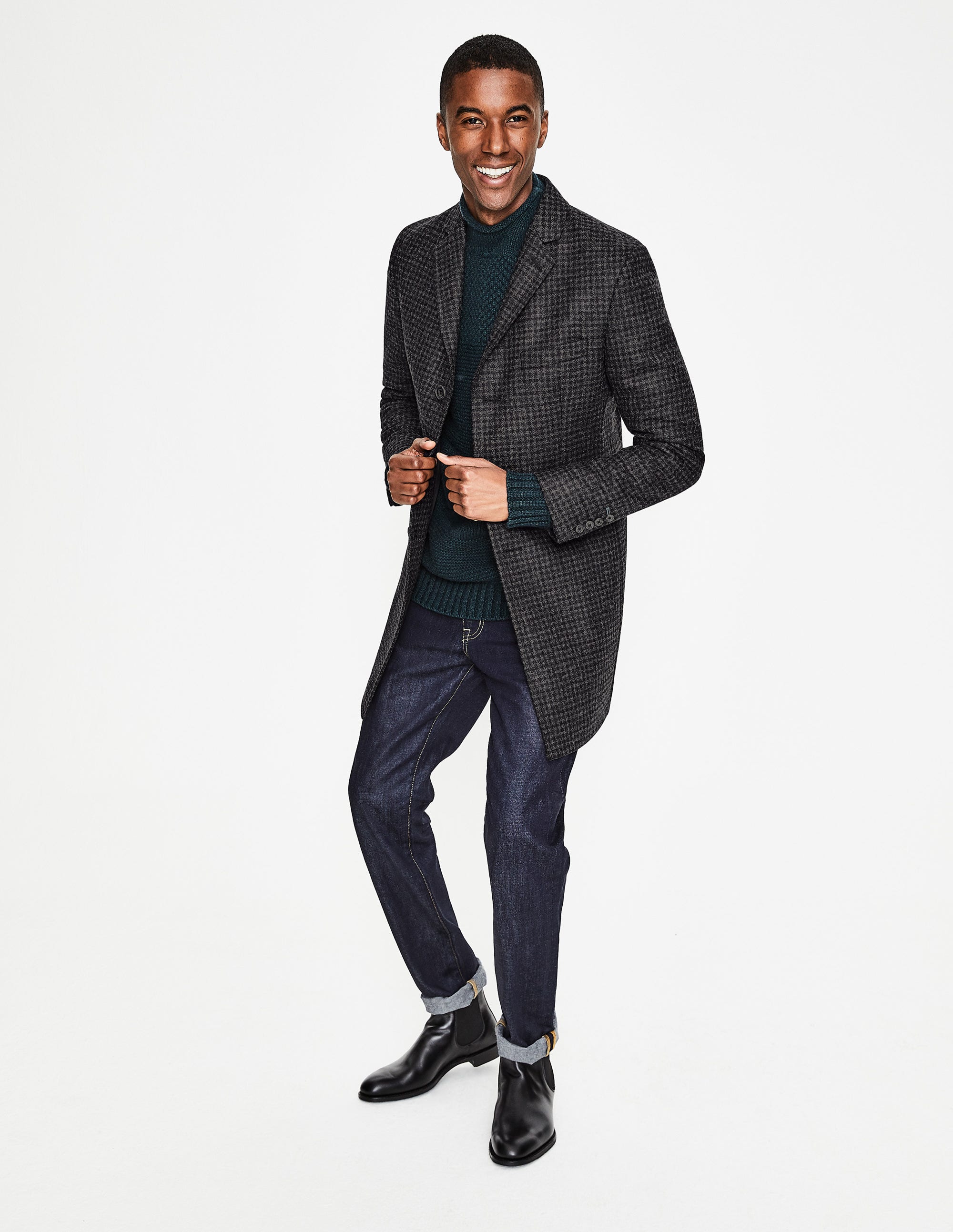 British Tweed Overcoat - Charcoal Houndstooth | Boden UK
