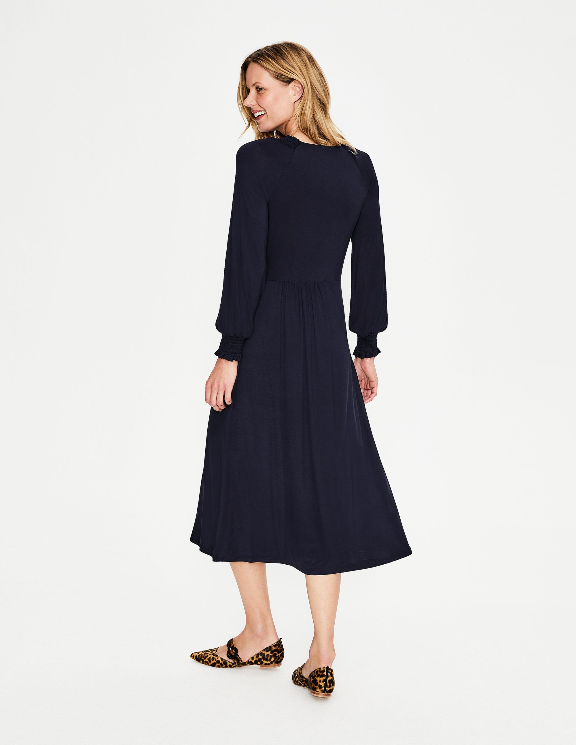 navy midi tea dress