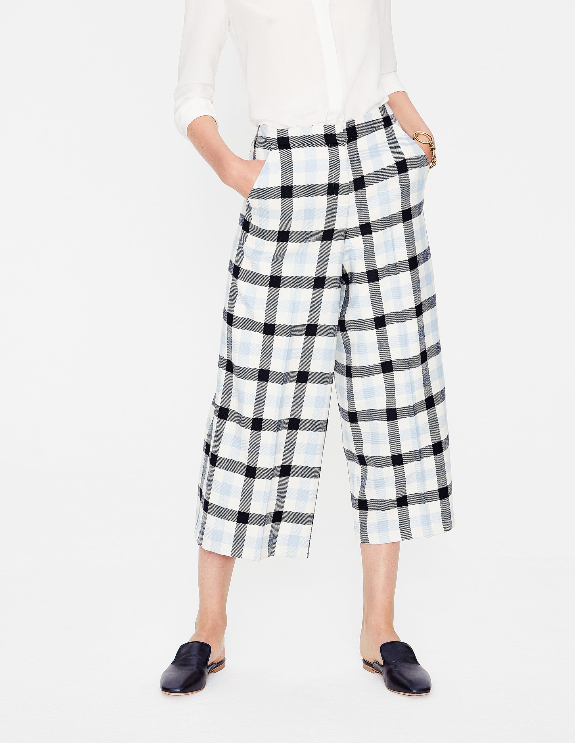British Tweed Culottes - Ivory, Navy and Breeze Check | Boden US