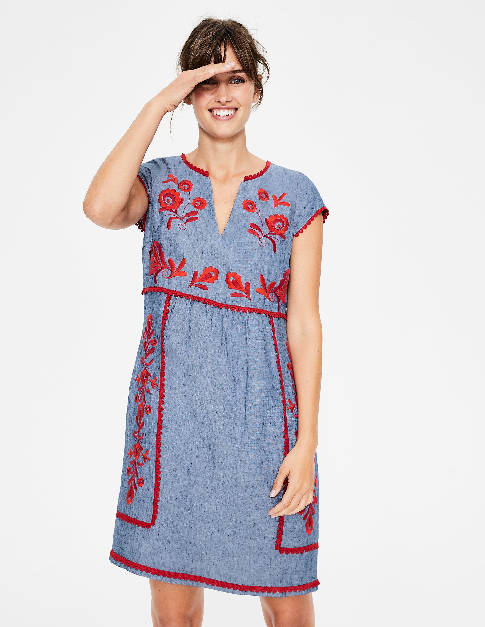Bea Linen Embroidered Dress Chambray & Red Pop Embroidery Boden US